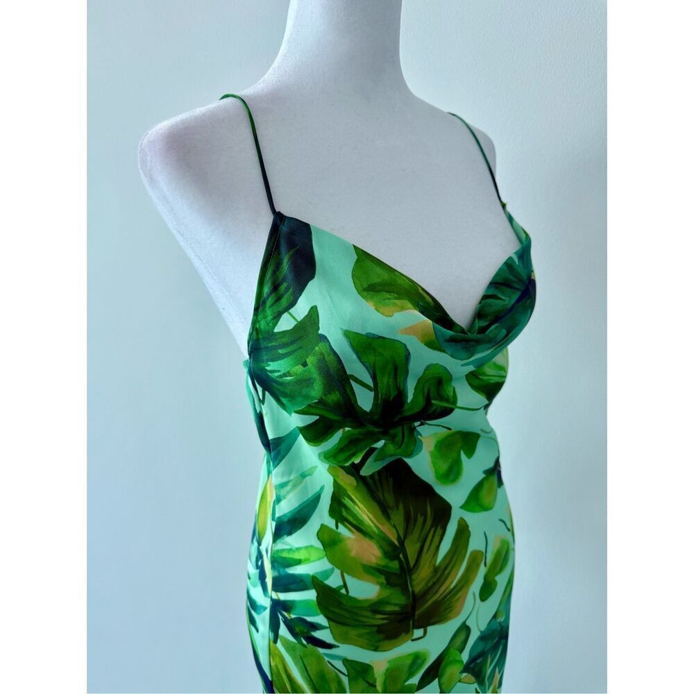 ZARA Silky Maxi Dress – Palm Leaf Tropical Print – Shades of Green & Aqua Blue - Picture 7 of 11
